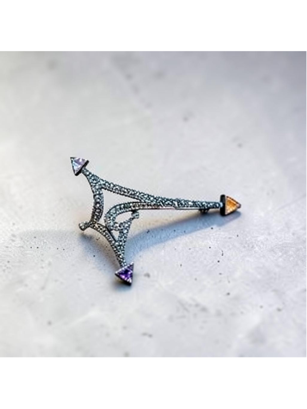 Vintage Sterling Silver 925 Marcasite Art Deco Arrow Brooch Purple Amber Crystal
